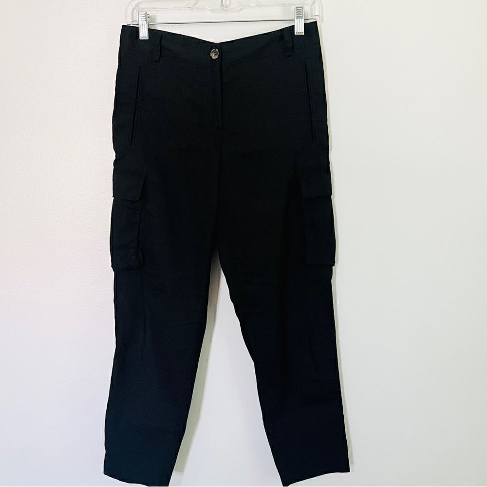 Theory Rich Black Linen Blend Tapered Cargo Style Cropped Pants